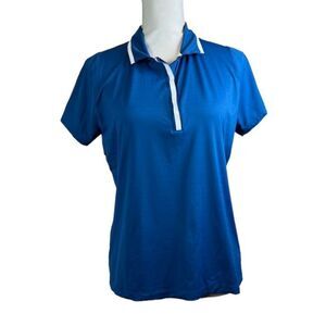 Slazenger Women's Blue pin tuck back golf polo shirt White detail hidden snaps M